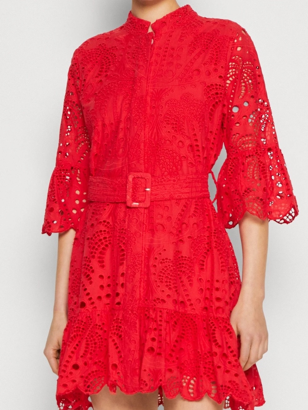 FARM Rio Red Eyelet Belted Mini Shirt Dress Size M